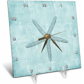 3dRose dc_178911_1 Aqua Starfish Abstract Beach Theme Desk Clock, 6 by 6"