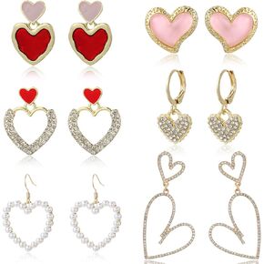 6 Pairs Valentine's Day Earrings Heart Earrigns for Women Pearl Rhinestone Double Heart Stud Earrings Valentines Day Gift