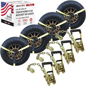 Boxer 4 Pack Car Tie Down with Chain Hook Anchor - Lasso Style – 2" x 10’ – Yellow Strap with Black Trim Strength Assembled in USA