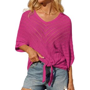 GRACE KARIN Women Summer Casual 3/4 Batwing Sleeve Pullover Sweater V Neck Loose Hollowed-Out Tie Front Knit Blouses