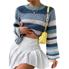 SISKIN Half Sweater Crop top for Women Trendy, Striped Sweaters,Round Neck Sweater, Cozy Color Block Pullover Lightweight