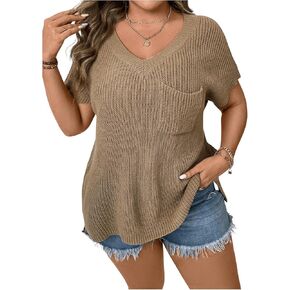 SHENHE Women's Plus Size Short Sleeve V Neck Casual Pullover Sweater with Pocket Knitwear