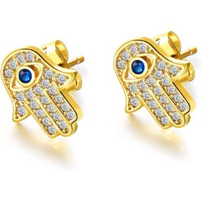 CZ Crystal Hamsa Fatima Hand Small Stud Earrings for Women Men Inspirational Blue Evil Eye Lucky Push Back Drop Dangle Studs Personalized Hypoallergenic Piercing Jewelry Christmas Birthday Gifts