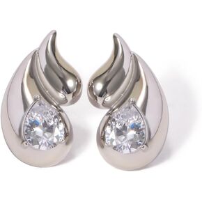 White Cubic Zirconia Stud, SIlver Double Water Drop Tear Drop Faux Diamond Earrings - Jewels by M&W Luxe Homes