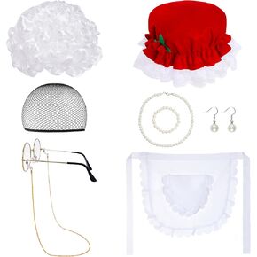 8Pcs Christmas Mrs Claus Costume for Women Old Lady Costume Mrs Santa Claus Costume with Old Lady Wig Hat Glasses Apron Hair Net Pearl Necklace Bracelet Earrings for Christmas Halloween Cosplay Party