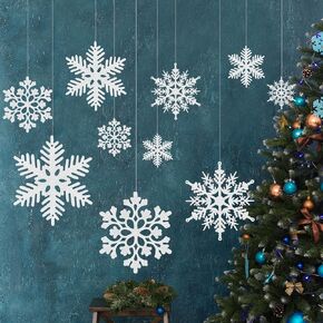 Fovths 48 Pieces Christmas Glitter Snowflake Ornaments Plastic Christmas Tree Ornaments Sets Decorative Hanging Snowflakes in 3 Designs for Christmas Party Decorations, 4 Sizes (2/3/4/5 Inches), White