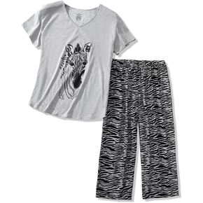 Women's Pajama Set Short Sleeve Top with Capri Pants Casual Printed Pajama Set with Pockets