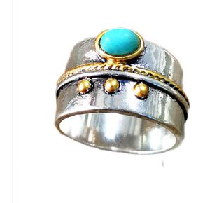 Vintage Ladies 925 Sterling Silver 18K Gold Filled Huge Turquoise Bohemian Turquoise Ring Set Ring Jewelry Birthday Proposal Engagement Anniversary Party Ring (SIZE 10)
