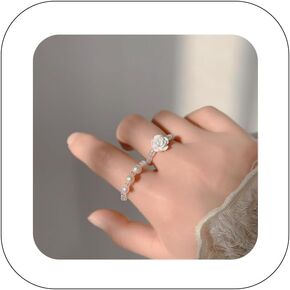 2 pcs White Pearl Beaded Rings for Women Vintage Rose Flower Stretchy Mother of Pearl Rings for Bridel Wedding Party Pearl Jewelry Band Statement