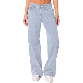 NIMIN Womens Vintage Baggy Mid Rise Washed Jeans Loose Straight Wide Leg Y2K High Waisted Denim Pants with Pockets Bleached Blue XX-Large