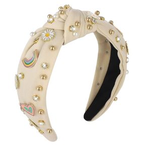 Headband, Pearl Knotted Headband for Women - Beige, Boho Rainbow Daisy Headbands for Girls with Sparkly Crystal Rhinestone, Wide Pearl Knotted Twist Headband Headpiece Summer Accessories