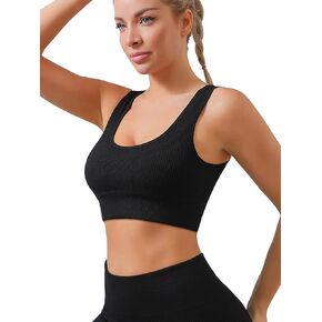 Women Sports Bra Removable Cups Scoop Neck Workout Crop Top Ribbed Seamless U Back Yoga Bra