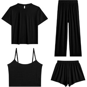 Women's Pajamas Set - Ice Silk Four-Piece Pajama Set Sexy Pajamas Loungewear (Small，Black