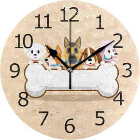 ALAZA Non-Ticking Round Clock, Cartoon Dogs with Bone Decorative Battery Operated Wall Clock for Desktop Break Room Apartment Shop