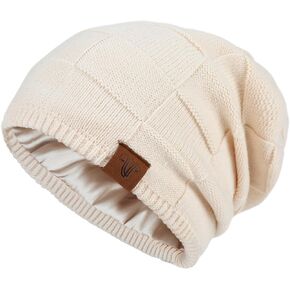 Slouchy Beanie for Men Satin Lined Winter Hats for Men Women Wool Knit Warm Unisex Skull Cap
