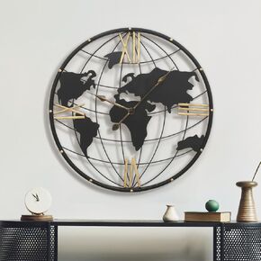 Micasso Large World Map Wall Clock, Metal Minimalist Modern Silent Clock for Wall with Vintage Gold Roman for Office,Living Room,Kitchen,Dining Room.