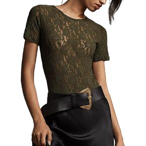 Gacaky Womens Mesh Sheer Short Sleeve Layering Top Summer Sexy Y2k Floral Embroidery Lace See Through Tee