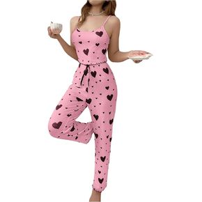 Women's 2 Piece Pajama Sets Heart Print Lettuce Trim Scoop Neck Camisole and Pants Loungewear Set