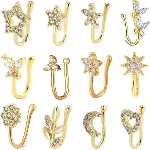 12 Pieces Fake Nose Ring Ear Clips Studs Non Piercing Earrings Inlaid CZ Flower Star Heart Non Piercing Jewelry U Shape Faux Nose Ring Spring Clip on Circle Hoop No Pierced Body Jewelry For Women Unisex in Saudi Arabia