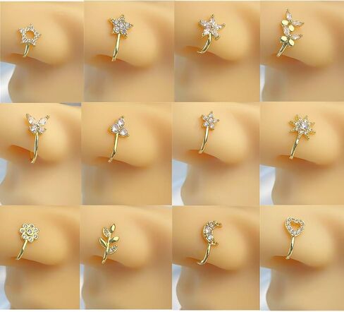 12 Pieces Fake Nose Ring Ear Clips Studs Non Piercing Earrings Inlaid CZ Flower Star Heart Non Piercing Jewelry U Shape Faux Nose Ring Spring Clip on Circle Hoop No Pierced Body Jewelry For Women Unisex in Saudi Arabia