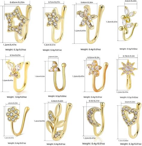 12 Pieces Fake Nose Ring Ear Clips Studs Non Piercing Earrings Inlaid CZ Flower Star Heart Non Piercing Jewelry U Shape Faux Nose Ring Spring Clip on Circle Hoop No Pierced Body Jewelry For Women Unisex in Saudi Arabia