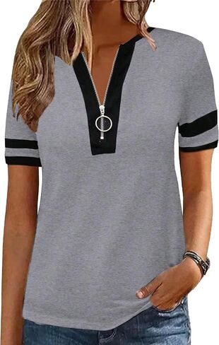 Hilinker Women's Short Sleeve T Shirts Zipper Tops Tee Color Block Casual Summer Loose Fit Blouses in Kuwait