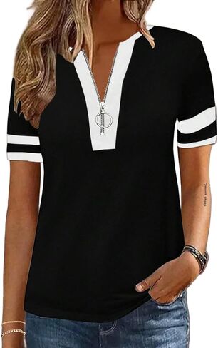 Hilinker Women's Short Sleeve T Shirts Zipper Tops Tee Color Block Casual Summer Loose Fit Blouses in Kuwait
