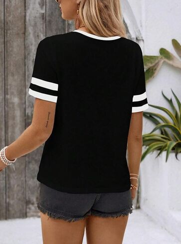 Hilinker Women's Short Sleeve T Shirts Zipper Tops Tee Color Block Casual Summer Loose Fit Blouses in Kuwait