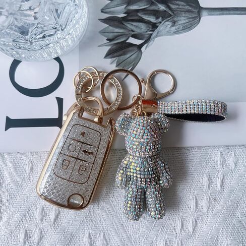 مناسب لغطاء GMC Buick Key Fob مع سلسلة مفاتيح ماسية، متوافق مع مفتاح Chevy Cruze Camaro Malibu Equinox Impala Buick Encore Regal GMC Flip القابل للطي للنساء (5 أزرار - الدب الفضي) in Kuwait