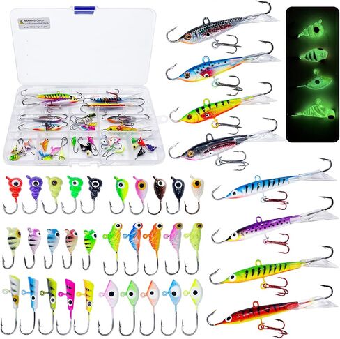 Bombite 38 قطعة من أدوات صيد الأسماك على الجليد مجموعة طُعم صيد الأسماك المتوهجة على الجليد ورؤوس صيد الكرابي وصيد الأسماك في الشتاء مع صندوق أدوات in Kuwait