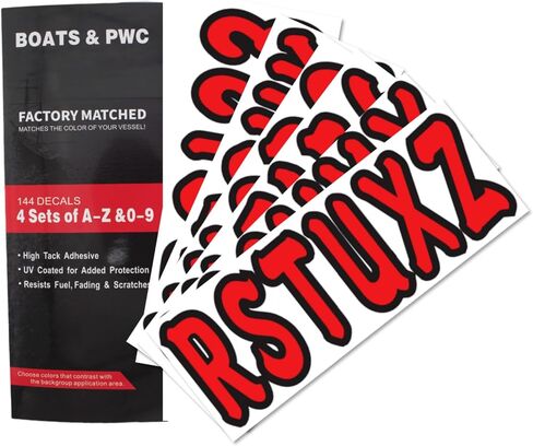 4 Sets of 3" Marine Boat Red Sticker Decals A-Z Letters & 0-9 Numbers for Yachts & Personal Watercraft Waterproof Anti-Scratch in Kuwait