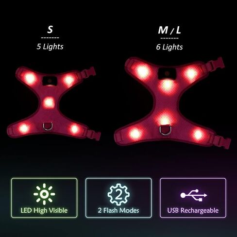 Safety LED Dog Harness - Light Up Dog Vest, No-Pull Dog Harness - Rechargeable Glowing Pet Harness for Night Walking & Camping (Red, S [Neck:12"-16.5"; Chest:17"- 25"]) in Kuwait