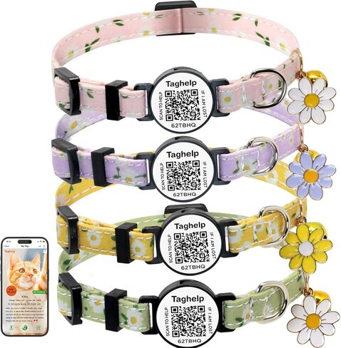 2 Pack Cotton Breakaway Cat Collar with Smart ID tag, Flowers Pendant Cute Cat Kitten Collar,QR Code Ideal for Girl Cats Boy Cats, with Bell with Smart QR ID Name Tag (Yellow&Green/No AirTag Holder) in Saudi Arabia