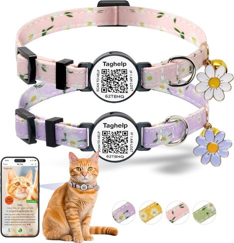 2 Pack Cotton Breakaway Cat Collar with Smart ID tag, Flowers Pendant Cute Cat Kitten Collar,QR Code Ideal for Girl Cats Boy Cats, with Bell with Smart QR ID Name Tag (Yellow&Green/No AirTag Holder) in Saudi Arabia