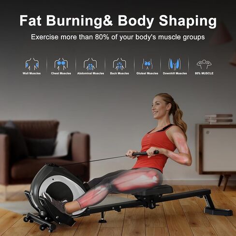 Rowing Machine, 12 Adjustable Resistance, Sliding Seat Cushion with LCD Display, Foldable, Weight Capacity 265lbs, Suitable for Home Use in Saudi Arabia