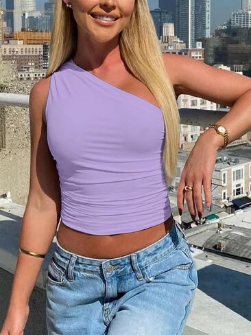 NTSWZYS Women One Shoulder Tank Tops Double Lined Sleeveless Going Out Shirts Slim Fit Ruched Tops Summer Fashion 2024 in Saudi Arabia