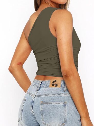 NTSWZYS Women One Shoulder Tank Tops Double Lined Sleeveless Going Out Shirts Slim Fit Ruched Tops Summer Fashion 2024 in Kuwait