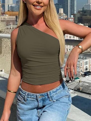 NTSWZYS Women One Shoulder Tank Tops Double Lined Sleeveless Going Out Shirts Slim Fit Ruched Tops Summer Fashion 2024 in Kuwait