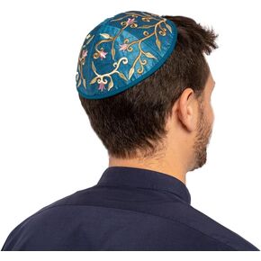 Blue Embroidered Flower Design Kippah