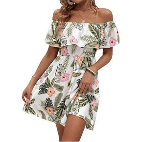 SHENHE Women's Off Shoulder Ruffle Trim Floral Tropical Dress A Line Flowy Mini Dress