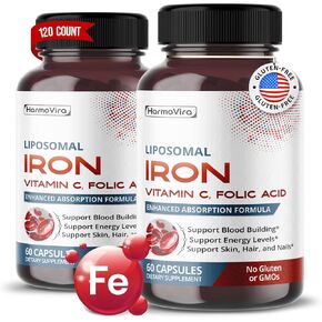 Liposomal Iron, Vitamin C, Folic Acid, Vitamin B12 - Support Blood Building, Energy Levels, Skin, Hair, and Nails - 120-day Supply - Made in The USA