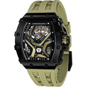 TSAR BOMBA Automatic Watch for Men, 50M Waterproof Tonneau Mens Watches, Luxury Mechanical Skeleton Analog Watches, Silicone Watch Bands Black Watch, Christmas Gifts for Men