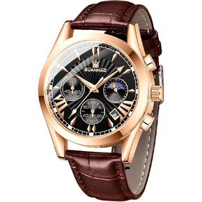 Fashion Watches for Men with Leather Band Gold Case, Large Face Mens Dress Watches Waterproof Day Wristwatch Stainless Steel