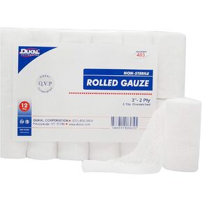 Dukal Rolled Gauze 3" x 5 yds. Pack of 12 White Gauze Bandage Rolls for General Wound Care. Non-sterile 2-ply Gauze. 100% Woven Cotton Bandages. Absorbent Bandage for Home, Gym, 403