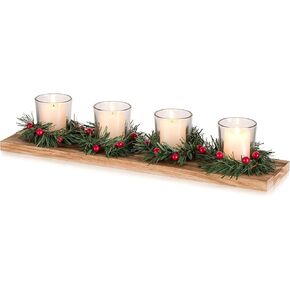 Romadedi Christmas Candle Holder for Table Centrepiece Decoration Rustic 4 Tealight Holders with Mini Christmas Wreaths Wooden Tray for Xmas Winter Dinner Table Home Decor Gift 16.5 Inches