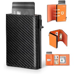 Wallet for Men - Compact RFID Blocking Mens Wallet, Stylish Minimalist Ridge Wallets for Men with Pop Up Card Case, Card Holder Wallet with Top Matte Leather+Aerospace-Grade Aluminum Body, Orange