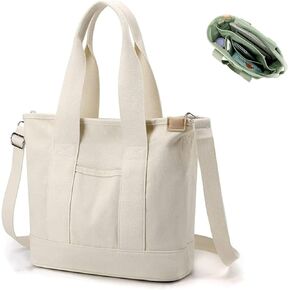 Multi Pocket Canvas Tote Bag with Zipper Shoulder Bag Handbag with Compartments Crossbody Bag Shoulder Bag