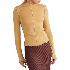 MISSACTIVER Women Casual Long Sleeve Mock Neck T-Shirts Lettuce Trim Seamed Ribbed Knit Tee Shirt Top Y2K Slim Fit Tight Tops
