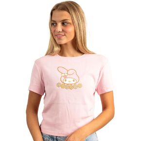 My Melody Character On Flowers Crew Neck Short Sleeve Pink Women's Crop Baby Tee