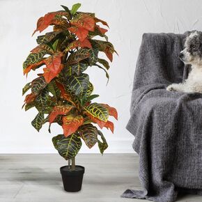Artificial Croton Tree 3 FT Tall (1Pc) Artificial Plants with Pot Topiary Trees for Outdoor Fall Decorations Front Porch Indoor Home Standing Fake Green Décor